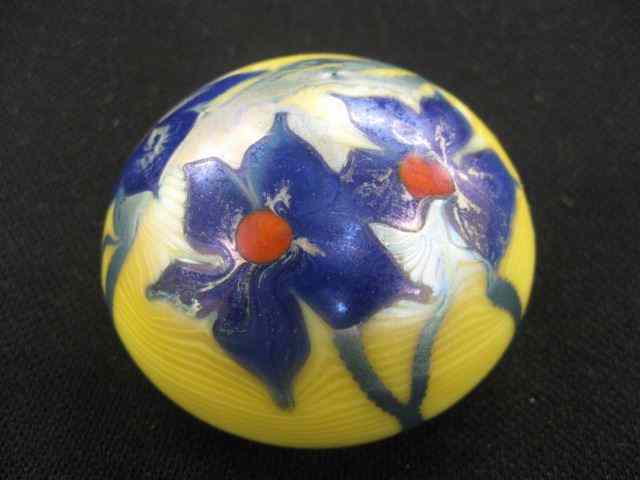 Appraisal: Orient Flume Art Glass Paperweight floral vine on yellow iridescent