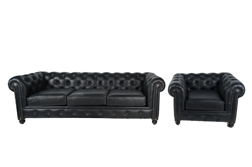 Appraisal: CHESTERFIELD STYLE LEATHER SOFA CLUB CHAIRRemington by Omnia each covered