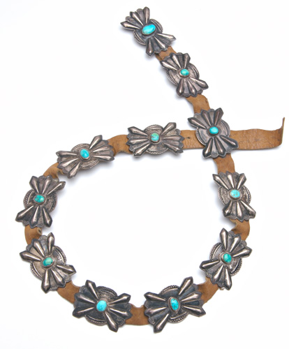 Appraisal: NAVAJO Silver and turquoise belt composed of ten 'butterfly' conchas