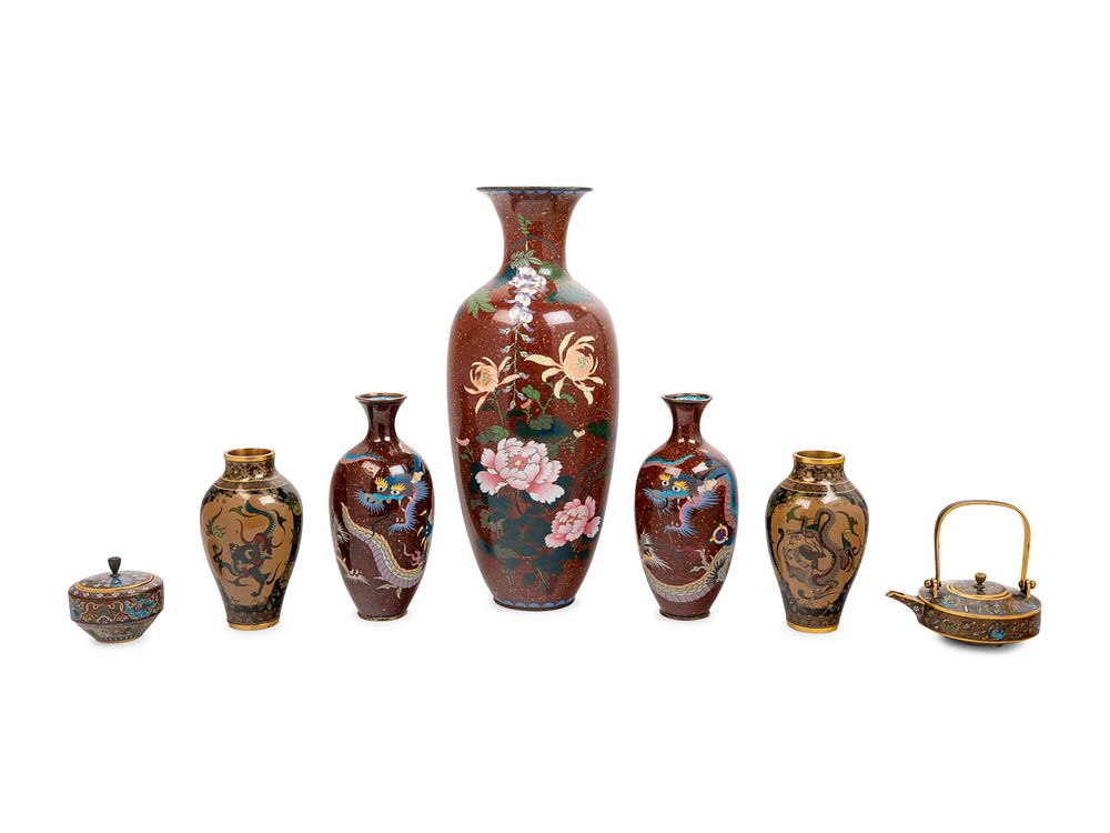 Appraisal: Seven Japanese Brown Ground Cloisonne Enameled Articles Seven Japanese Brown