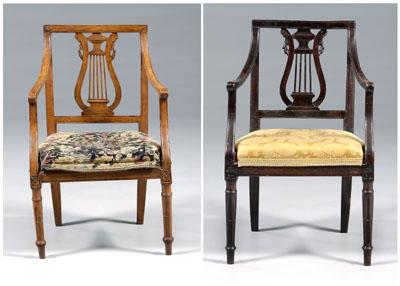 Appraisal: Near pair directoire open armchairs each in mixed woods with