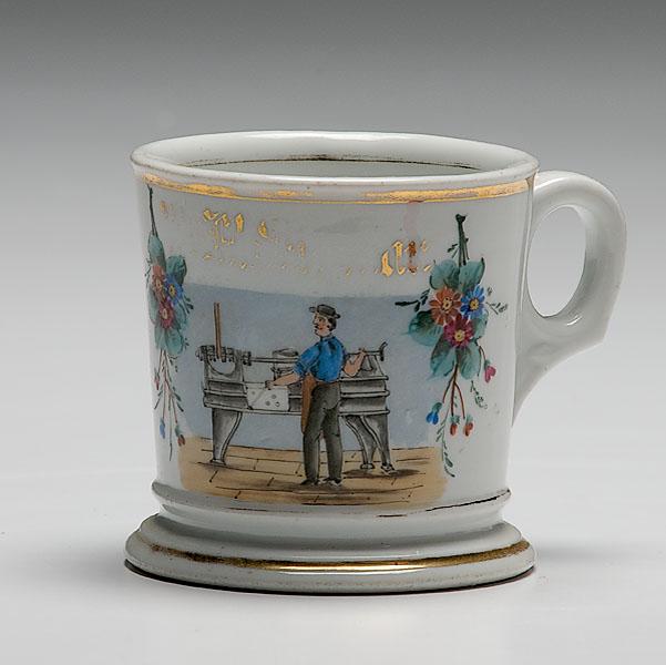 Appraisal: OCCUPATIONAL SHAVING MUG OF METAL LATHE OPERATOR porcelain with polychrome