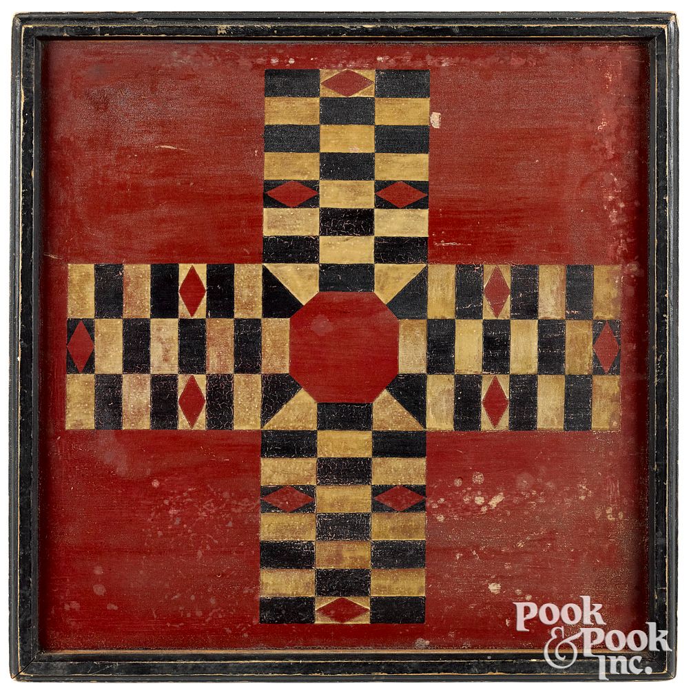 Appraisal: Painted pine parcheesi gameboard late th c Painted pine parcheesi