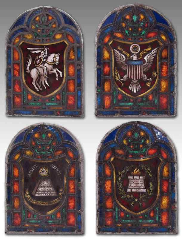 Appraisal: HERALDIC STAINED GLASS PANELS Arched shape highly detailed panels ''