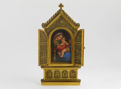 Appraisal: A gilt metal mounted devotional containing a porcelain plaque of