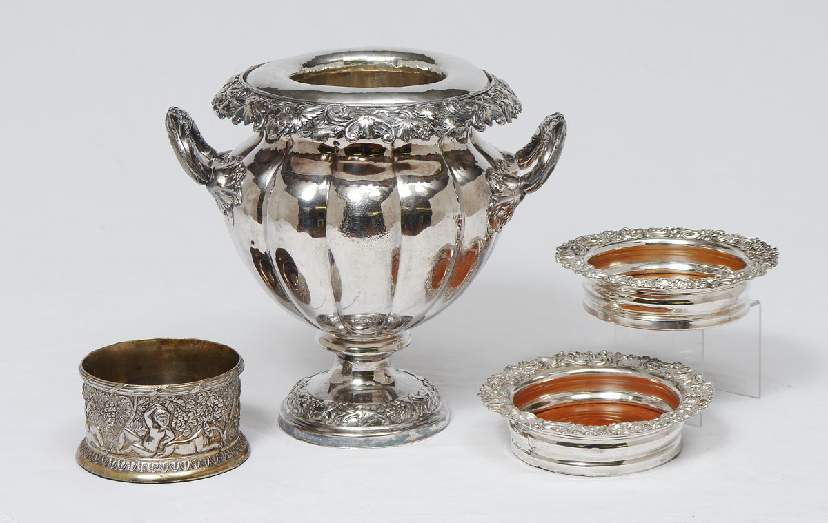 Appraisal: ORNATE SILVERPLATE WINE COOLER COASTERS pieces total to include Double