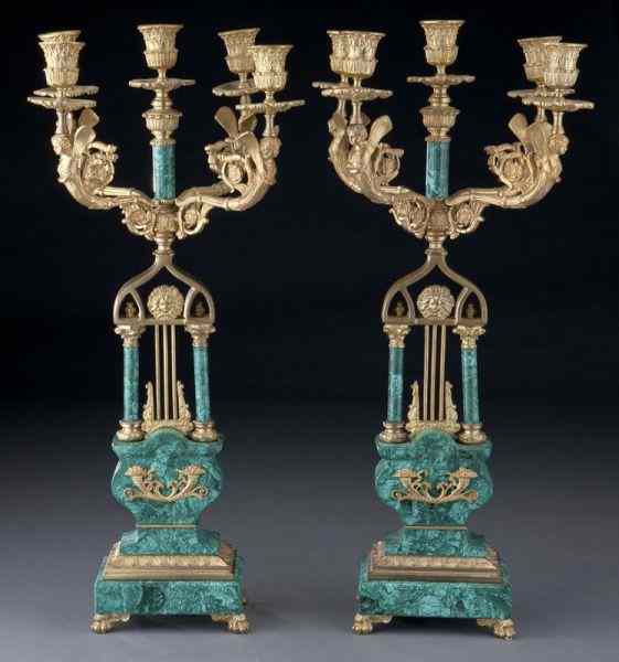 Appraisal: Pr Napoleon III ormolu and malachite candelabra the pair of