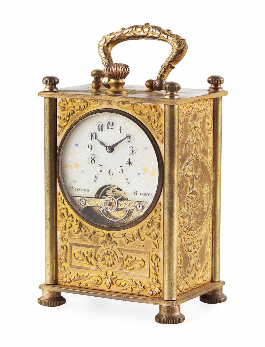 Appraisal: MINIATURE FRENCH CARRIAGE CLOCK TH CENTURY the three-quarter white enamel