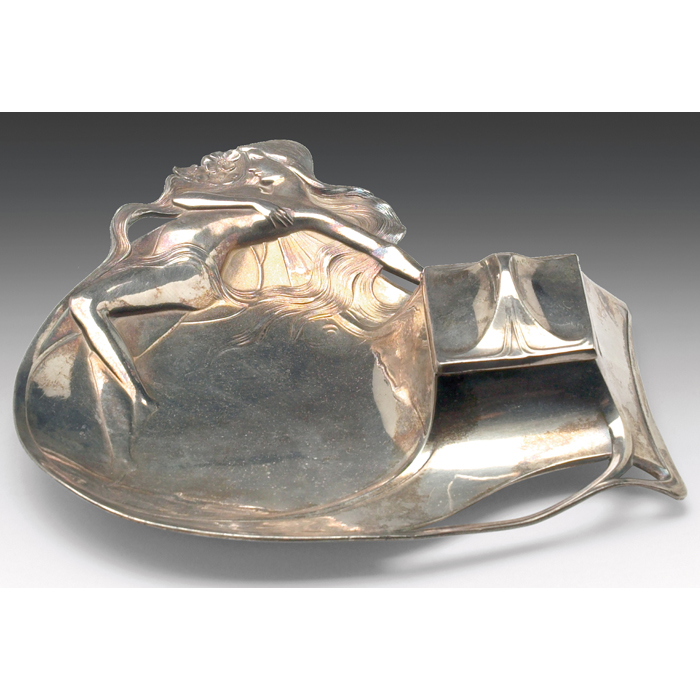 Appraisal: WMF inkwell pewter round form withArt Nouveau nude laying across