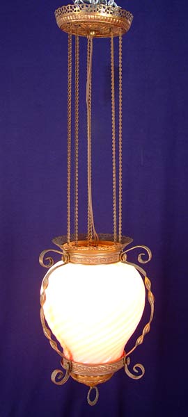 Appraisal: CRANBERRY OPALESCENT SWIRL GLASS VICTORIAN HANGING LAMP Electrified with no