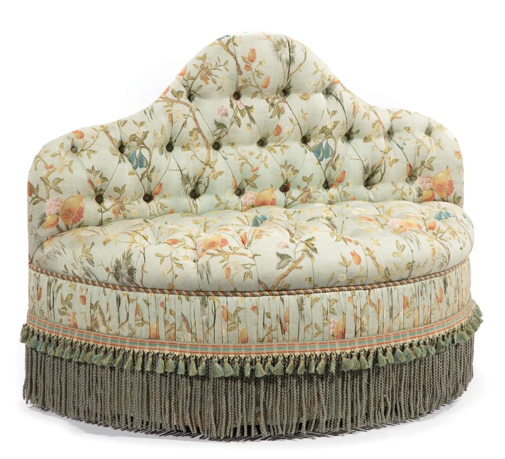 Appraisal: Finley Upholstered Aesthetic-Style Hall Seat extravagant colorful vinery and fruit