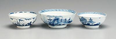 Appraisal: Three Worcester bowls vivid cobalt scenes with fisherman structures and