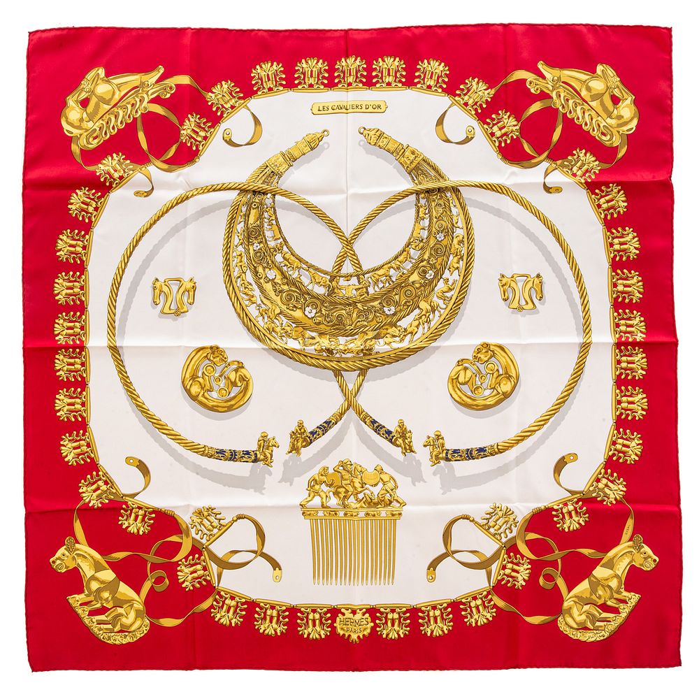 Appraisal: An Hermes Les Cavaliers D'Or Scarf Red and multicolor Hermes