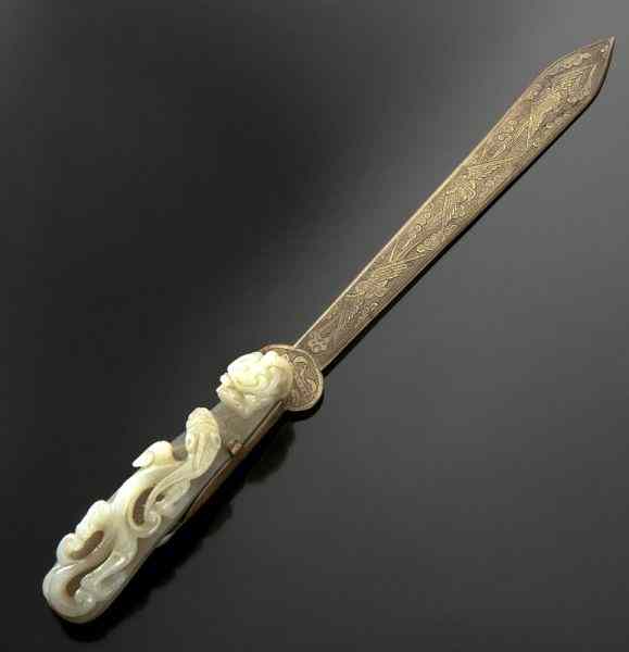 Appraisal: Chinese Qing jade mounted bronze letter opener the jade belt