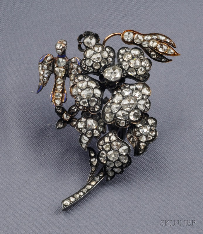 Appraisal: Antique Diamond Flower Brooch designed as a bird resting on