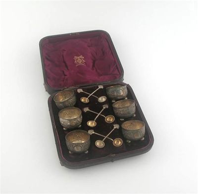 Appraisal: A cased set of six Victorian circular salts embossed with