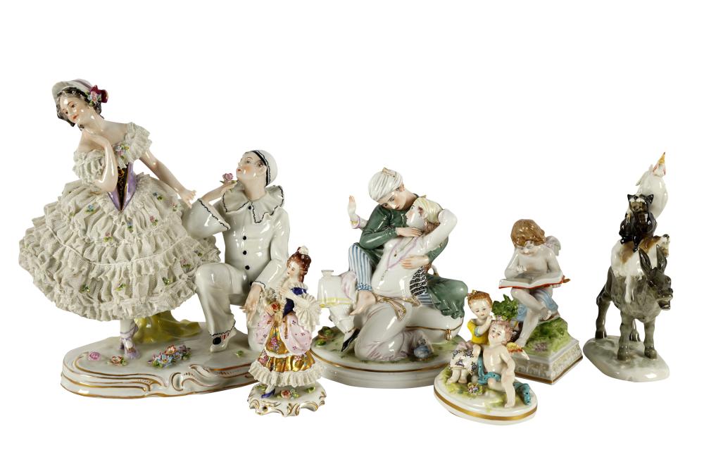 Appraisal: COLLECTION OF CONTINENTAL PORCELAIN FIGUREScomprising a Volkstedt Commedia dell'arte group