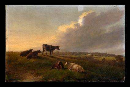 Appraisal: MANNER OF VERMEER LANDSCAPE WITH COWS Oil on panel x