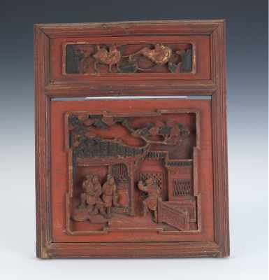 Appraisal: A Chinese Carved and Painted Wood Panel Two-section framed plaque