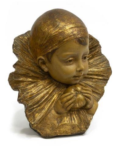 Appraisal: Parcel gilt cast terracotta figure Boy Pierrot with Apple Friedrich