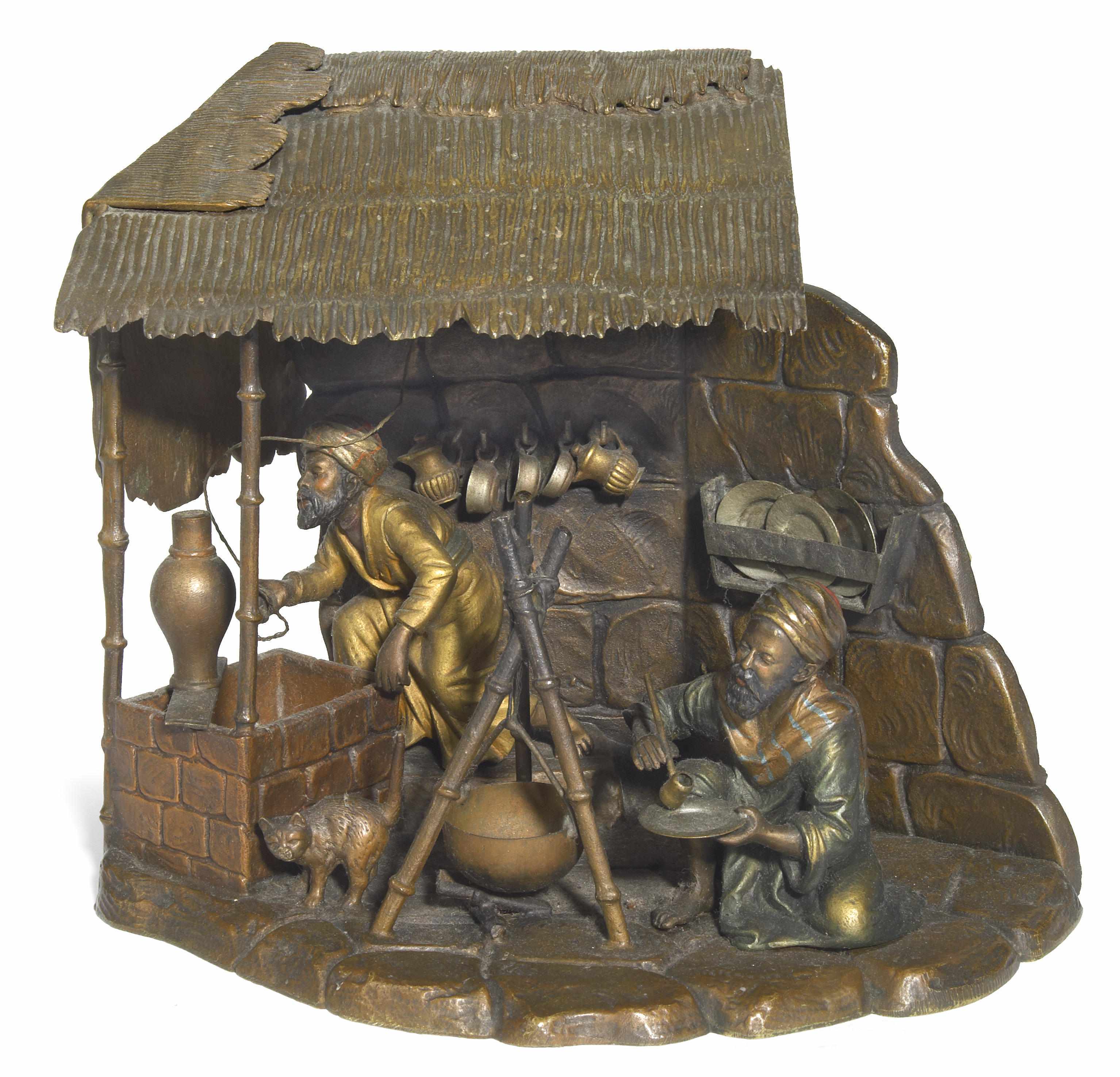 Appraisal: An Austrian cold painted bronze Coffee Vendors figural lamp circa