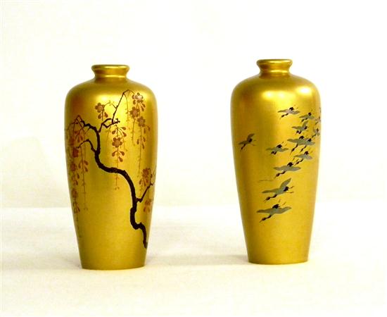 Appraisal: Pair Meji period Japanese gold lacquer vases one with wisteria