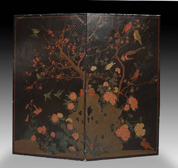 Appraisal: A Chinoiserie painted leather two panel floor screen late th