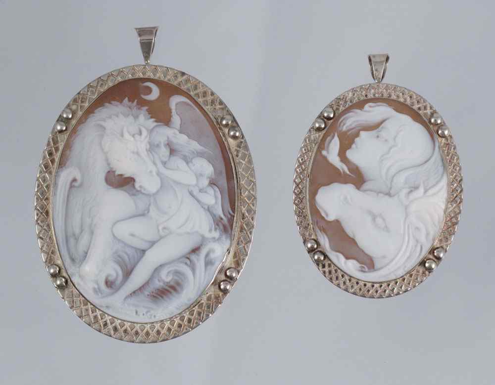 Appraisal: TWO CONTEMPORARY STERLING FRAMED CAMEOS GIRL WITH CHERUB ON A