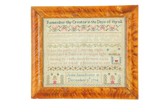 Appraisal: SAMPLER Anna Jane Jones England silk on wool Moralistic verses