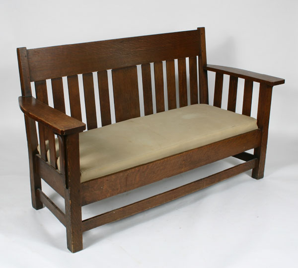 Appraisal: Mission oak settee quarter sawn oak pinned construction and vertically