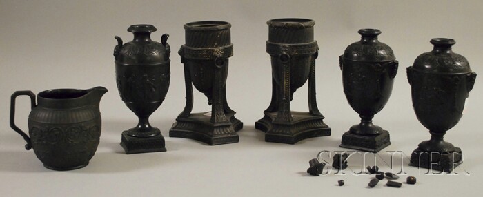 Appraisal: Six Wedgwood Black Basalt Items a pair of urns three