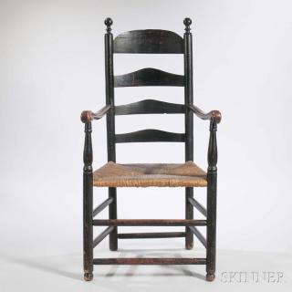 Appraisal: Black-painted Slat-back Armchair probably New England th century with four