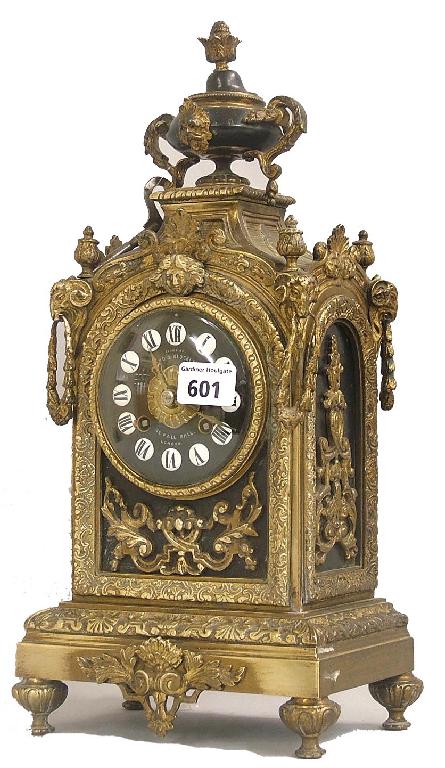 Appraisal: Brass two train mantel clock the Japy Freres movement striking