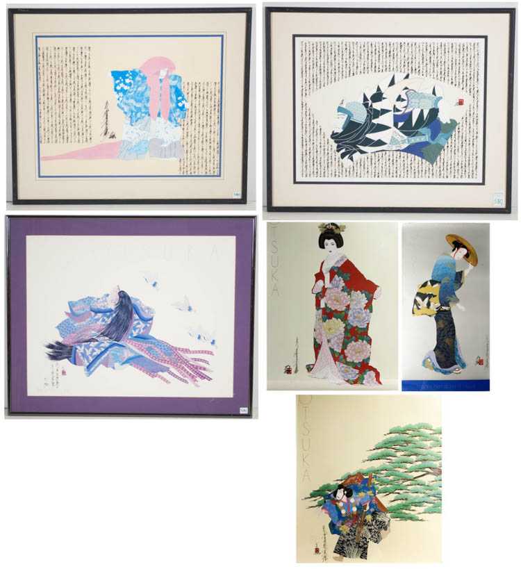 Appraisal: HISASHI OTSUKA SIX PRINTS Japan Hawaii b Figures in traditional