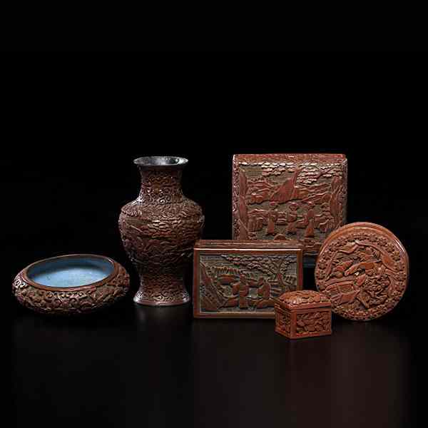 Appraisal: Chinese Cinnabar Articles Chinese th century Six cinnabar items including