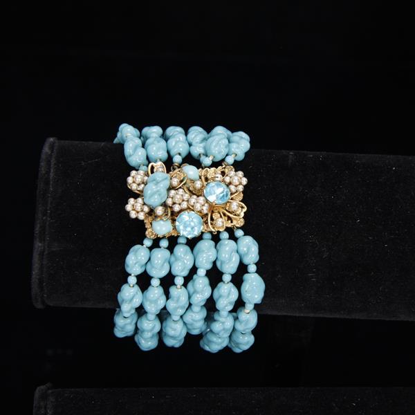 Appraisal: Miriam Haskell Multi-strand Turquoise Glass Beaded Bracelet with Floral Clasp