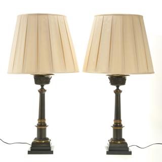 Appraisal: Pair Restauration patinated bronze colza lamps Pair Restauration patinated bronze