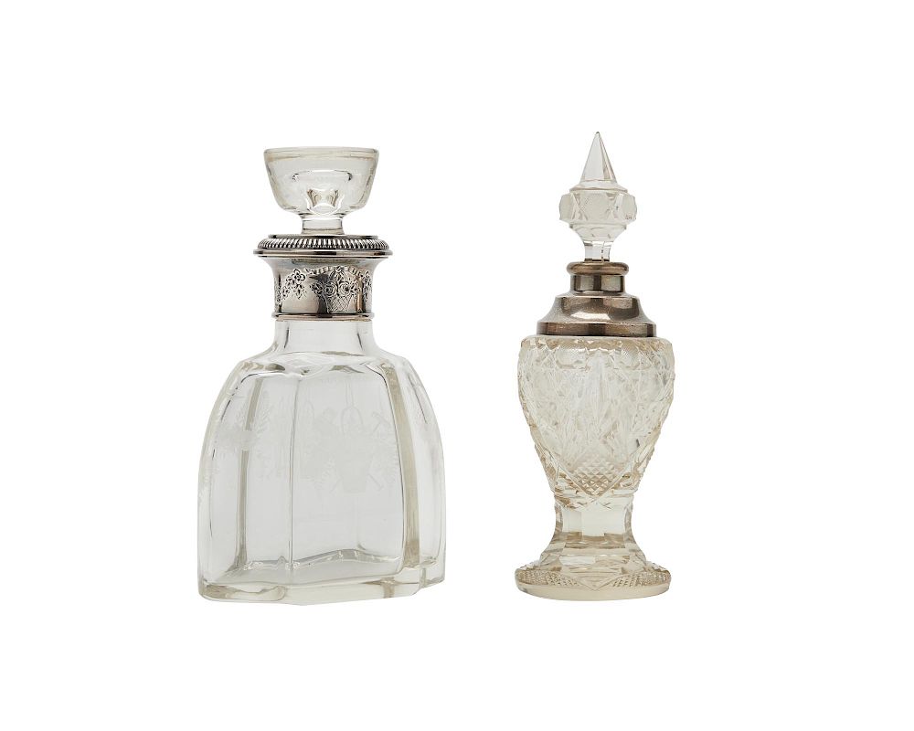 Appraisal: Continental Etched Glass and Silver Decanter and a Cut Glass