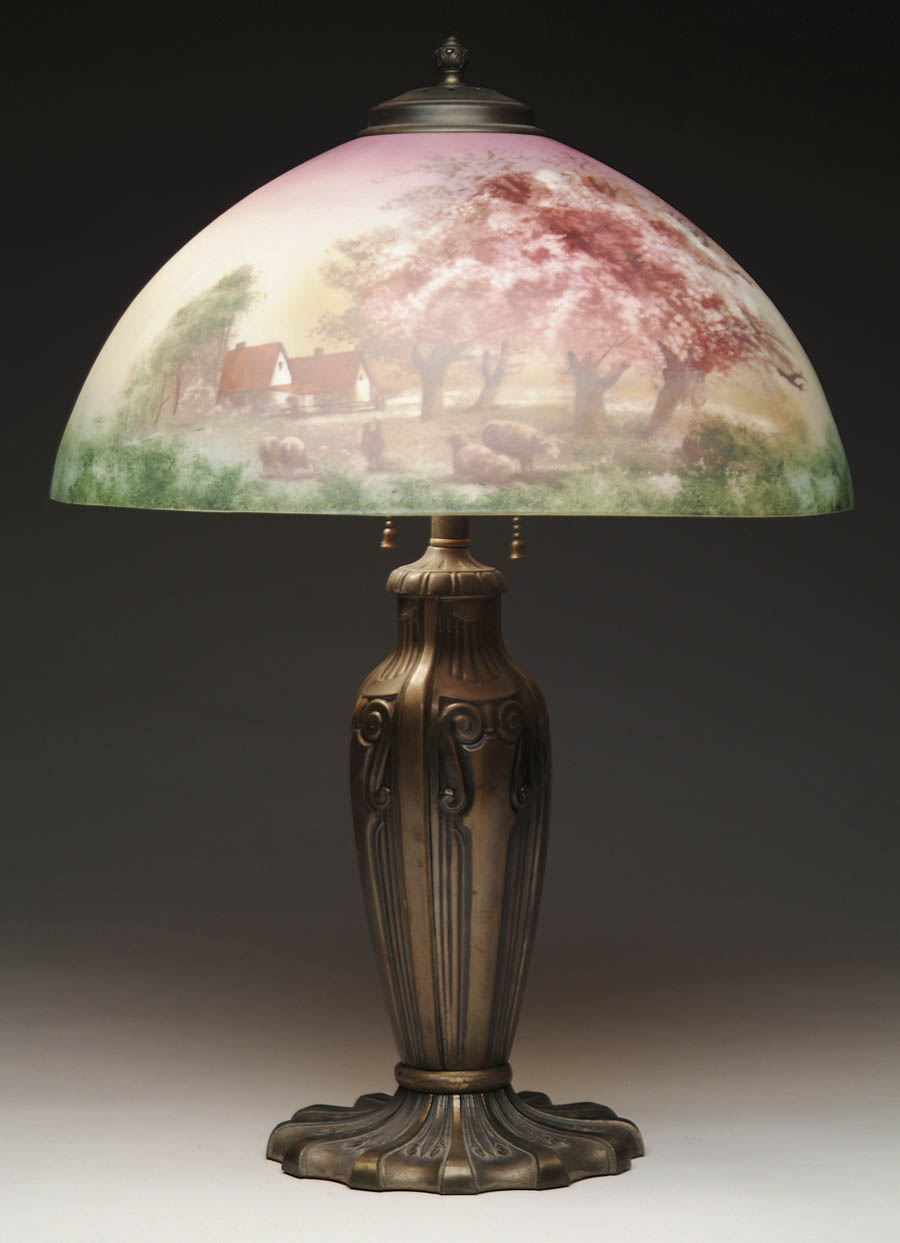 Appraisal: HAND PAINTED TABLE LAMP Wonderful hand painted shade has nicely