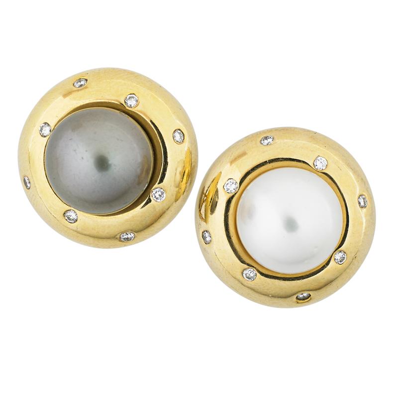 Appraisal: CONTRASTING PEARL AND DIAMOND GOLD EARRINGS Condition Report