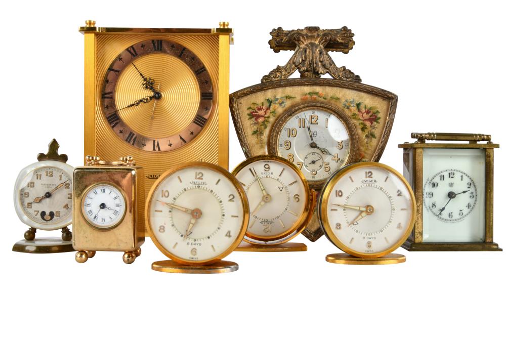 Appraisal: COLLECTION OF EIGHT TRAVEL CLOCKScomprising a Jaeger rectangular desk clock