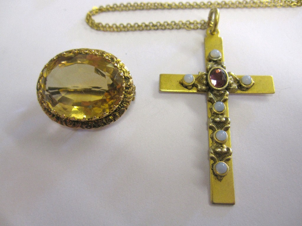 Appraisal: Lot comprising gilt metal cross pendant with opalescent stone insets