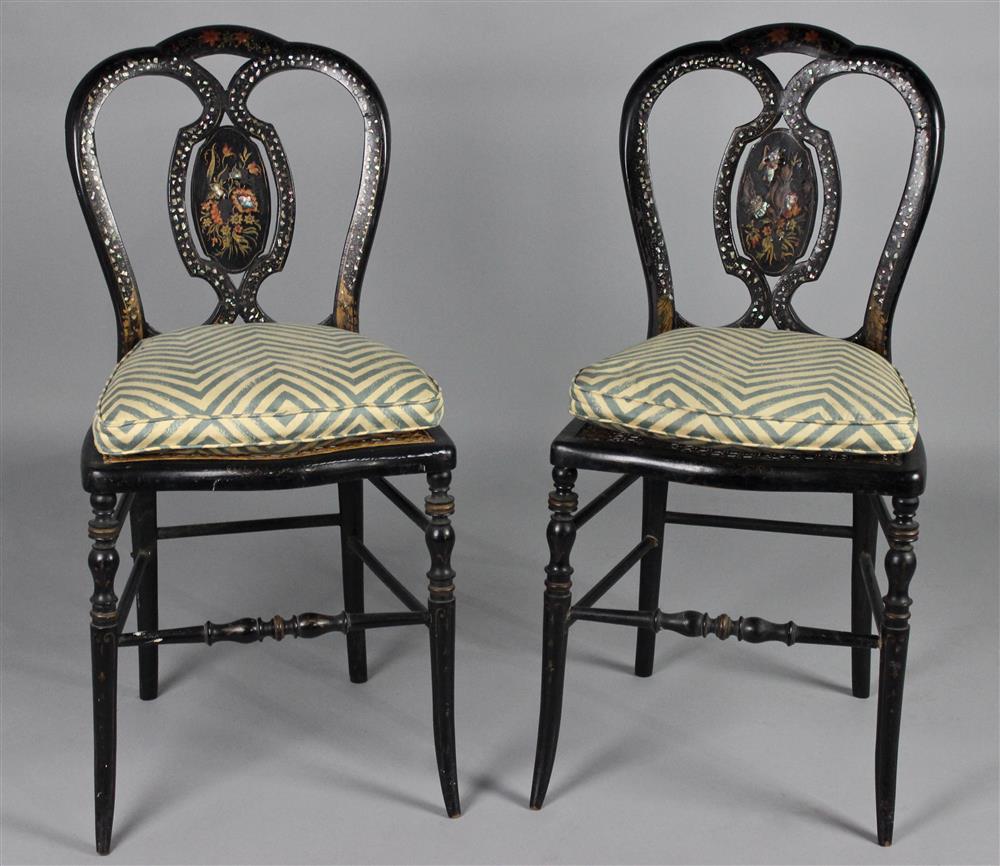 Appraisal: PAIR OF VICTORIAN MOTHER OF PEARL INLAID EBONIZED SIDE CHAIRS