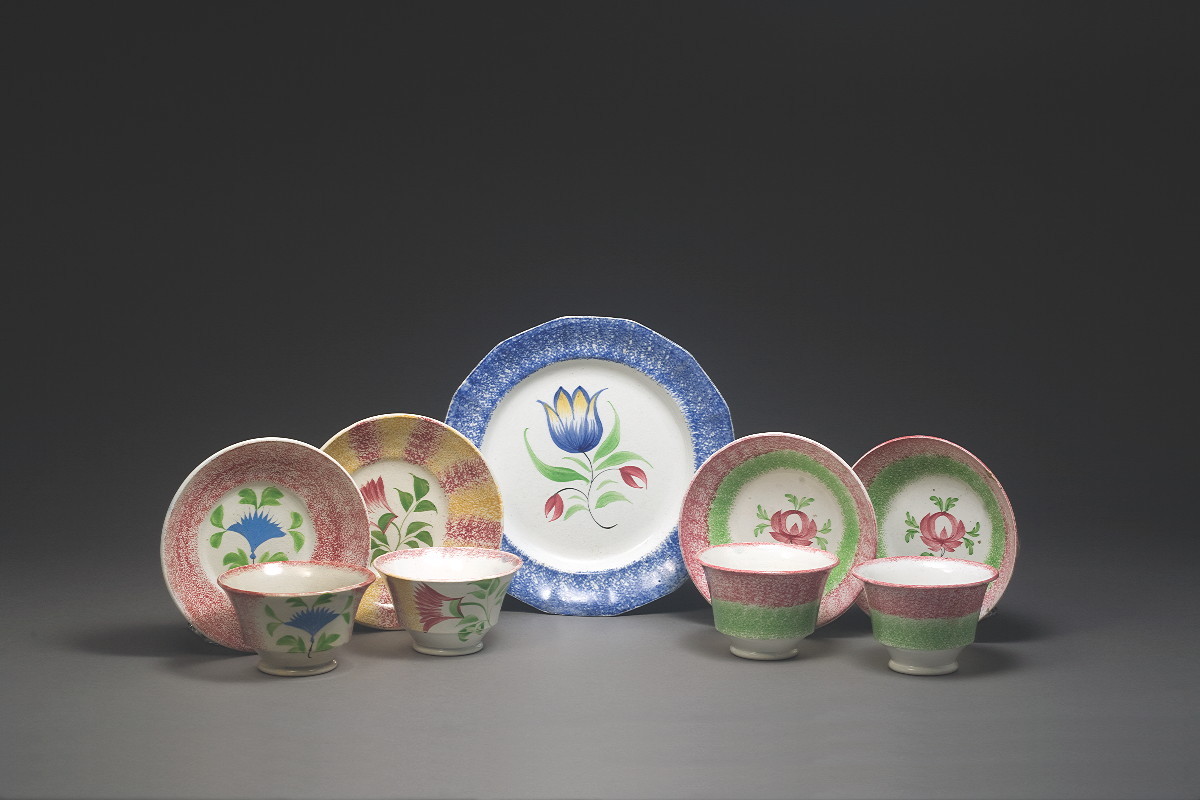 Appraisal: FIVE STAFFORDSHIRE SPATTERWARE TEAWARES CIRCA Comprising a blue spatterware 'Profile