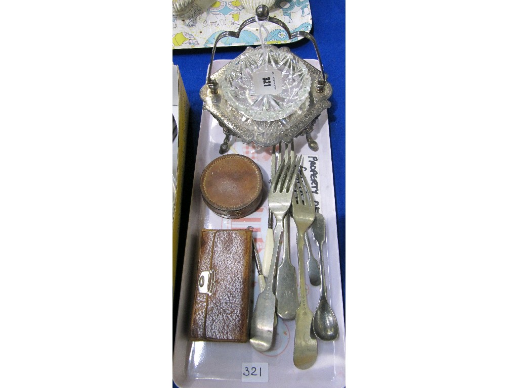 Appraisal: Lot comprising butter dish stirrup cup purse and loose cutlery