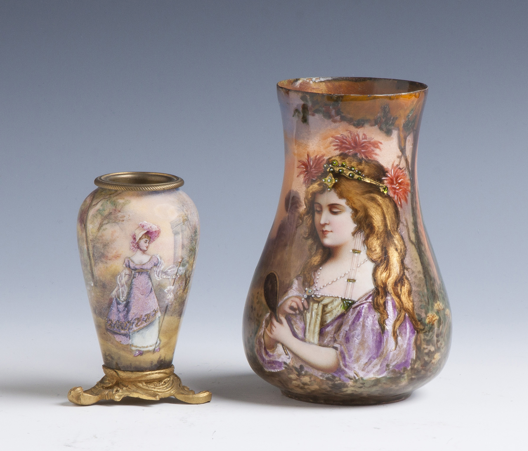 Appraisal: Two French Enamel on Copper Vases th cent Young women