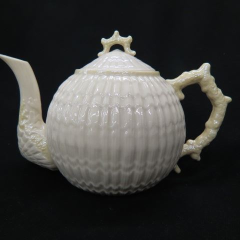 Appraisal: Irish Belleek Porcelain Teapot shell design green mark excellent