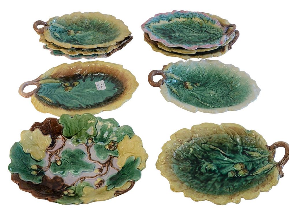 Appraisal: Ten Majolica Leaf Shaped Dishes with acorn forms breaks and