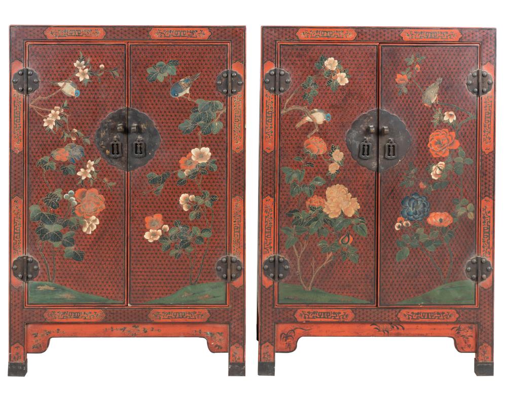 Appraisal: PAIR OF CHINESE INLAID RED LACQUER CABINETSProvenance Property from a