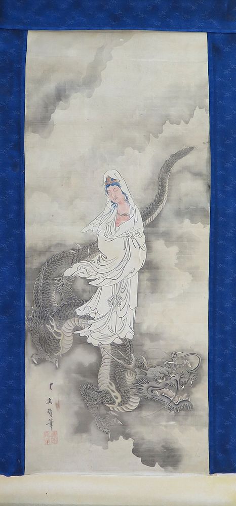 Appraisal: Japanese Scroll Painting of Dragon Guanyin Japanese scroll painting on